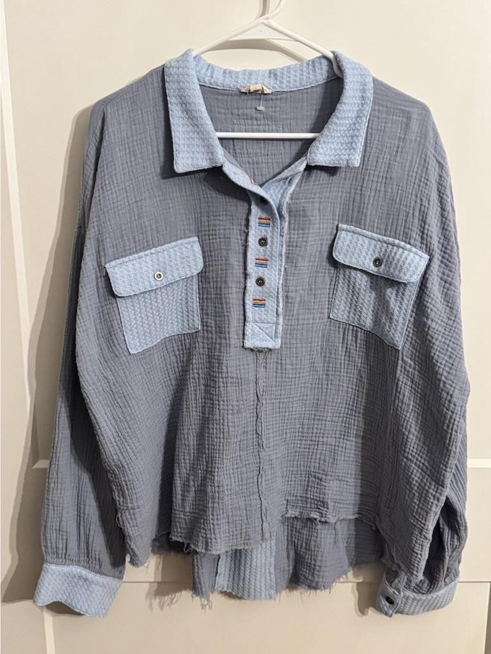 POL Tunic Blouse Womens Large Blue Colorblock Gauze Waffle Knit Top Oversized